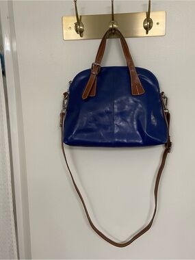 Nino BOSSI Blue Leather Satchel with Brown Trim